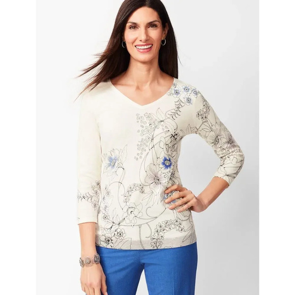 Talbots Women's Medium Floral Double V-Neck‎ Pullover 3/4 Sleeve Blouse - Picture 1 of 6